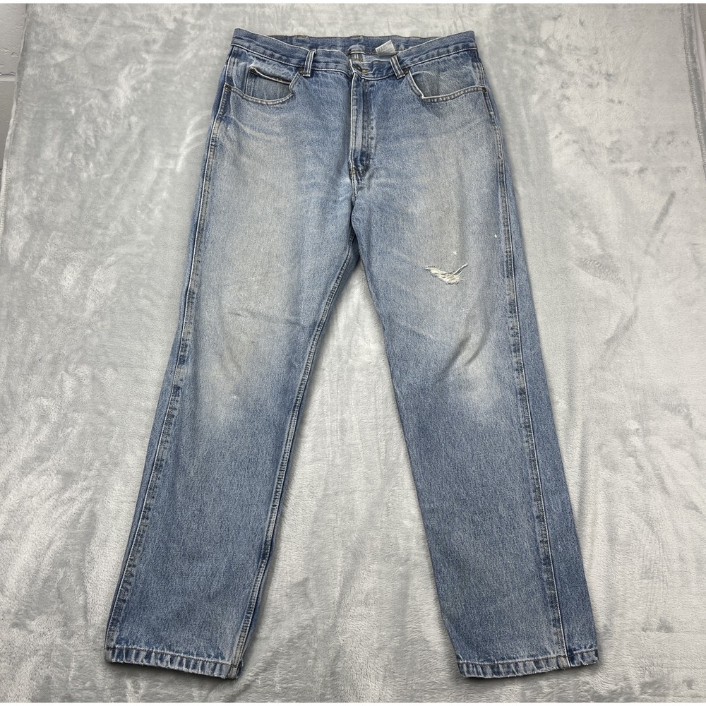 Jaguar Jeans Mens 36x32‎ Blue Denim Distressed Double Stitch 5-Pocket Straight